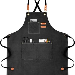 Chef Apron for Men Women Canvas Aprons with 3 Pockets Cross Back Resistant Work Apron for Cooking