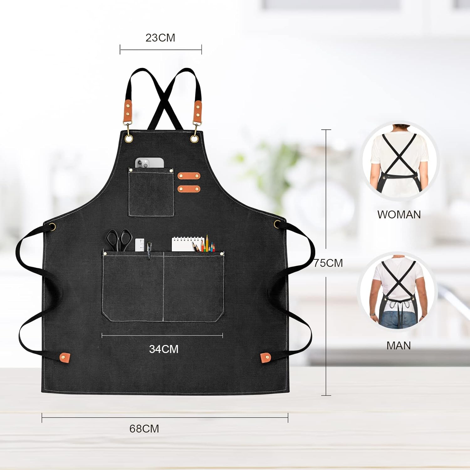 Chef Apron for Men Women Canvas Aprons with 3 Pockets Cross Back Resistant Work Apron for Cooking - Image 2