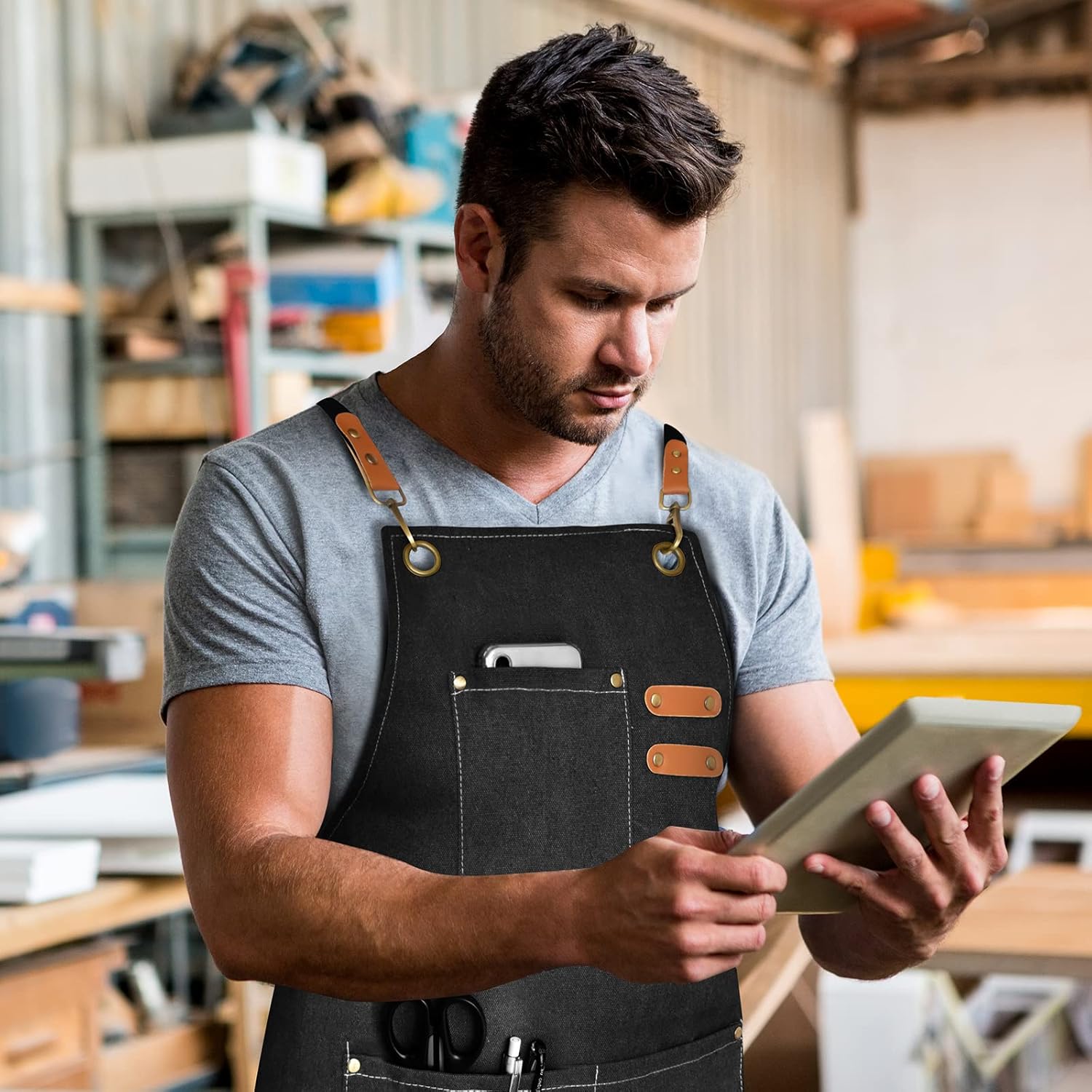 Chef Apron for Men Women Canvas Aprons with 3 Pockets Cross Back Resistant Work Apron for Cooking - Image 5