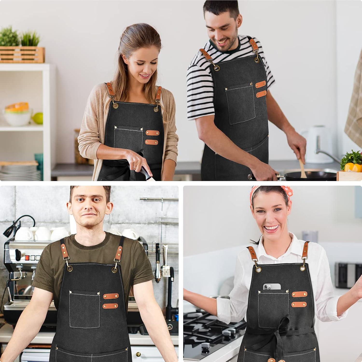 Chef Apron for Men Women Canvas Aprons with 3 Pockets Cross Back Resistant Work Apron for Cooking - Image 6